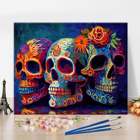 Paint by Numbers for Adults, Mexican Day of The Dead Skulls Artwork Paint by Number Kits Unframed Paint by Numbers for Adults Beginner Colorful Skull Art Wall Decor Acrylic Paints 16"x20" in Saudi Arabia