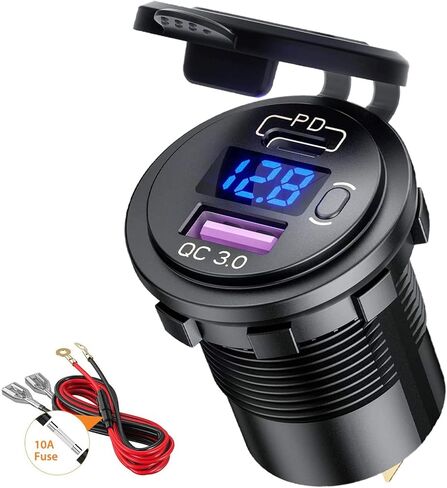 مقبس شاحن سيارة USB من النوع C PD وQC 3.0 شاحن سريع مقبس مخرج طاقة السيارة مع مفتاح تشغيل/إيقاف وفولتميتر LED مقاوم للماء 12 فولت/24 فولت للدراجات النارية البحرية RV ATV in Kuwait