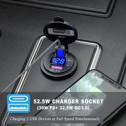 مقبس شاحن سيارة USB من النوع C PD وQC 3.0 شاحن سريع مقبس مخرج طاقة السيارة مع مفتاح تشغيل/إيقاف وفولتميتر LED مقاوم للماء 12 فولت/24 فولت للدراجات النارية البحرية RV ATV in Kuwait