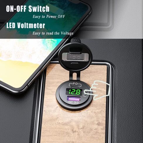 مقبس شاحن سيارة USB من النوع C PD وQC 3.0 شاحن سريع مقبس مخرج طاقة السيارة مع مفتاح تشغيل/إيقاف وفولتميتر LED مقاوم للماء 12 فولت/24 فولت للدراجات النارية البحرية RV ATV in Kuwait