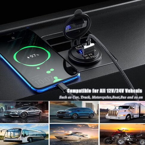 مقبس شاحن سيارة USB من النوع C PD وQC 3.0 شاحن سريع مقبس مخرج طاقة السيارة مع مفتاح تشغيل/إيقاف وفولتميتر LED مقاوم للماء 12 فولت/24 فولت للدراجات النارية البحرية RV ATV in Kuwait