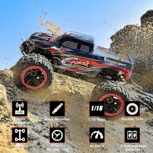 GoolRC Remote Control Car, 1:16 Scale RC Cars, 40KM/H High Speed Racing Climbing Car, 2.4GHz 4WD All Terrain Off Road RC Trucks with 2 Batteries for Adults (Red) in Saudi Arabia