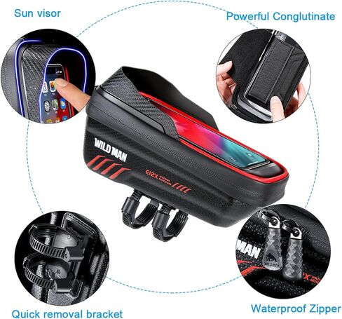 حقيبة هاتف WILD MAN للدراجة مزودة بإطار EVA للدراجة الأمامية وحقيبة مقاومة للماء ومقود الدراجة وحاجب من الشمس لهواتف حقيبة الدراجة أقل من 6.8 بوصة (أحمر) in Kuwait