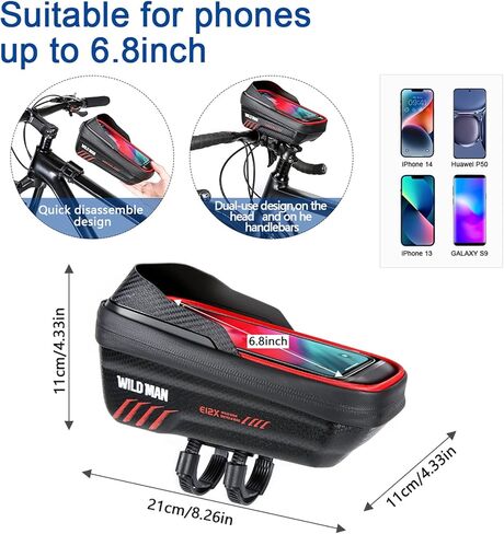 حقيبة هاتف WILD MAN للدراجة مزودة بإطار EVA للدراجة الأمامية وحقيبة مقاومة للماء ومقود الدراجة وحاجب من الشمس لهواتف حقيبة الدراجة أقل من 6.8 بوصة (أحمر) in Kuwait