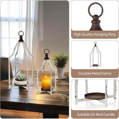 Staymoment Metal Lantern Decorative Set of 2 - Rustic Farmhouse Candle Holder Hanging Lanterns for Table Centerpiece Fireplace Mantle Shelf Porch, 15" & 11" Modern Home Decor Indoor Outdoor, White in Saudi Arabia