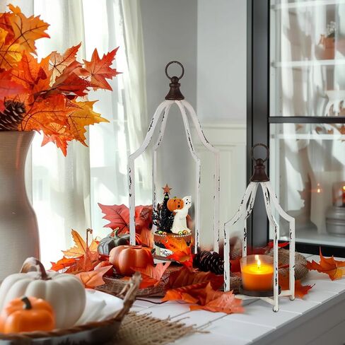 Staymoment Metal Lantern Decorative Set of 2 - Rustic Farmhouse Candle Holder Hanging Lanterns for Table Centerpiece Fireplace Mantle Shelf Porch, 15" & 11" Modern Home Decor Indoor Outdoor, White in Saudi Arabia