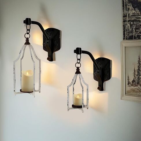 Staymoment Metal Lantern Decorative Set of 2 - Rustic Farmhouse Candle Holder Hanging Lanterns for Table Centerpiece Fireplace Mantle Shelf Porch, 15" & 11" Modern Home Decor Indoor Outdoor, White in Saudi Arabia