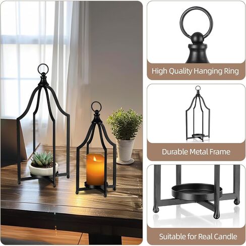 Staymoment Metal Lantern Decorative Set of 2 - Rustic Farmhouse Candle Holder Hanging Lanterns for Table Centerpiece Fireplace Mantle Shelf Porch, 15" & 11" Modern Home Decor Indoor Outdoor, White in Saudi Arabia