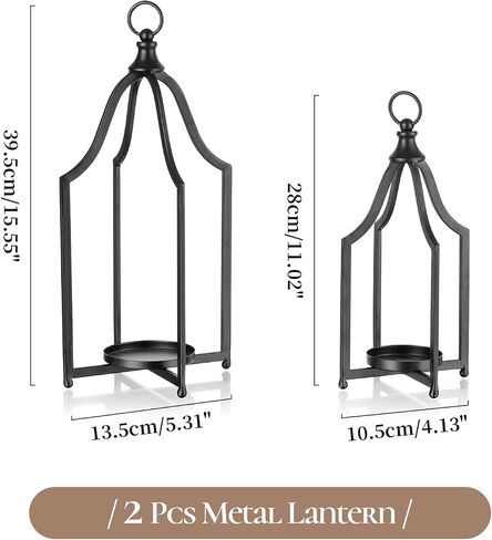 Staymoment Metal Lantern Decorative Set of 2 - Rustic Farmhouse Candle Holder Hanging Lanterns for Table Centerpiece Fireplace Mantle Shelf Porch, 15" & 11" Modern Home Decor Indoor Outdoor, White in Saudi Arabia