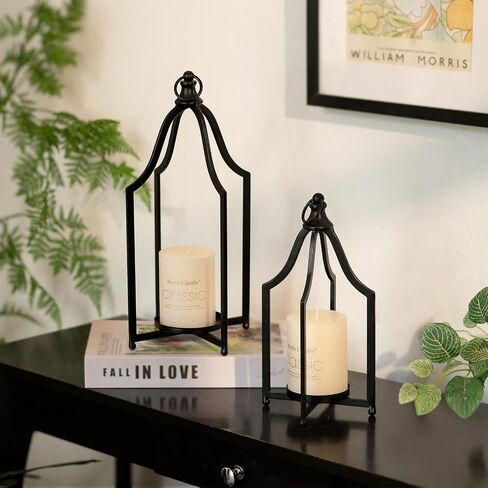 Staymoment Metal Lantern Decorative Set of 2 - Rustic Farmhouse Candle Holder Hanging Lanterns for Table Centerpiece Fireplace Mantle Shelf Porch, 15" & 11" Modern Home Decor Indoor Outdoor, White in Saudi Arabia