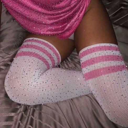 جوارب Tgirls من حجر الراين فوق الركبة جوارب قطنية عالية الفخذ جوارب طويلة مخططة للشتاء الدافئ للنساء والفتيات in Kuwait