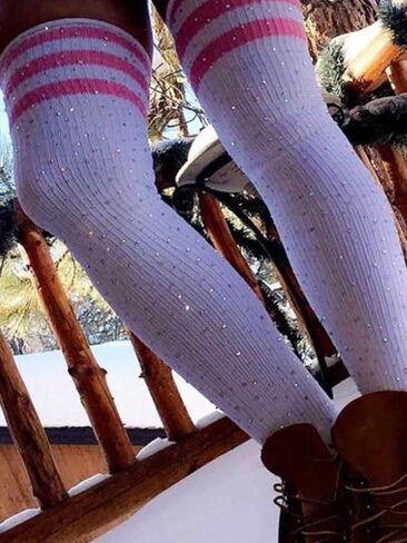 جوارب Tgirls من حجر الراين فوق الركبة جوارب قطنية عالية الفخذ جوارب طويلة مخططة للشتاء الدافئ للنساء والفتيات in Kuwait