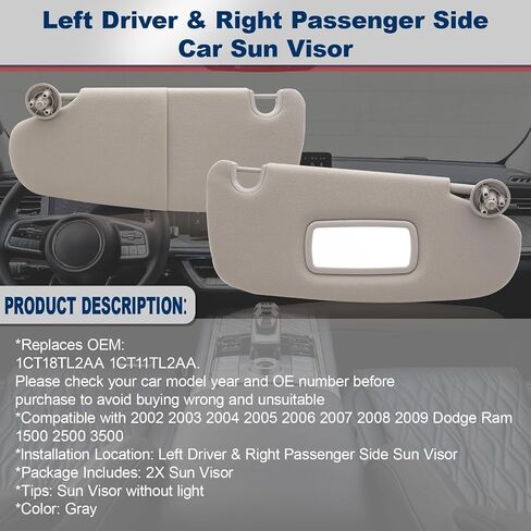 Geloo Car Sun Visor Left Driver & Right Passenger Sides Replacement for 2002 2003 2004 2005 2006 2007 2008 2009 Dodge Ram 1500 2500 3500 Replaces 1CT18TL2AA 1CT11TL2AA（Gray） in Saudi Arabia