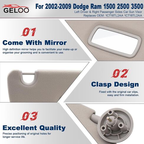 Geloo Car Sun Visor Left Driver & Right Passenger Sides Replacement for 2002 2003 2004 2005 2006 2007 2008 2009 Dodge Ram 1500 2500 3500 Replaces 1CT18TL2AA 1CT11TL2AA（Gray） in Saudi Arabia