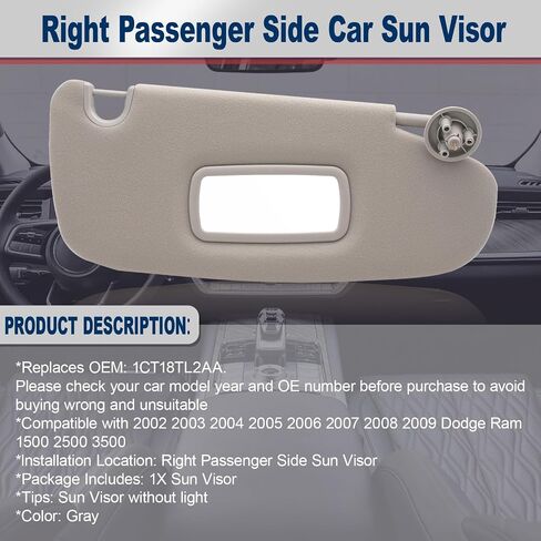 Geloo Car Sun Visor Left Driver & Right Passenger Sides Replacement for 2002 2003 2004 2005 2006 2007 2008 2009 Dodge Ram 1500 2500 3500 Replaces 1CT18TL2AA 1CT11TL2AA（Gray） in Saudi Arabia