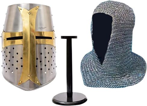 AnNafi® Medieval Crusader Helmet Replica + Aluminium Chainmail Coif V-Neck+ Wooden Helmet Stand | Knight Crusades Costume Templar Reenactment Cosplay | Medieval Costumes Helm Armor SCA LARP Replica in Kuwait