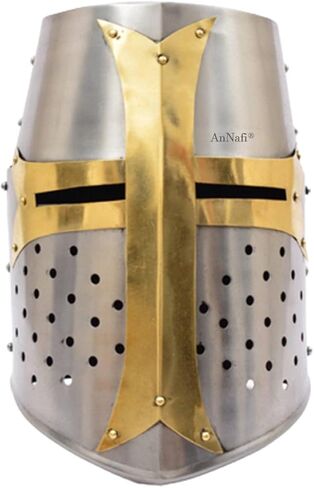 AnNafi® Medieval Crusader Helmet Replica + Aluminium Chainmail Coif V-Neck+ Wooden Helmet Stand | Knight Crusades Costume Templar Reenactment Cosplay | Medieval Costumes Helm Armor SCA LARP Replica in Kuwait