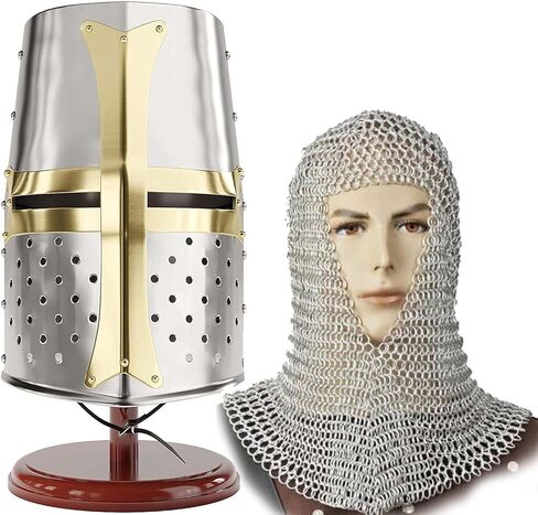 AnNafi® Medieval Crusader Helmet Replica + Aluminium Chainmail Coif V-Neck+ Wooden Helmet Stand | Knight Crusades Costume Templar Reenactment Cosplay | Medieval Costumes Helm Armor SCA LARP Replica in Kuwait