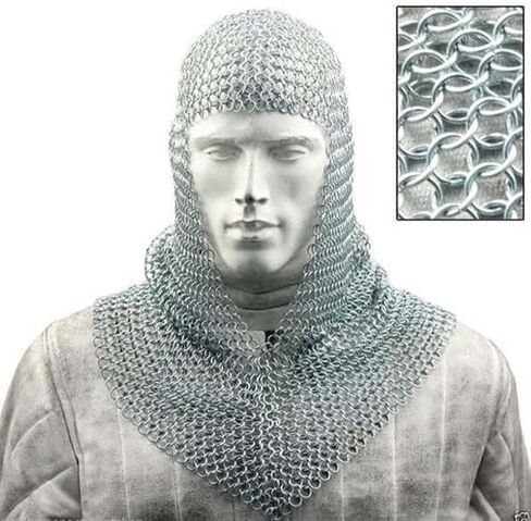 AnNafi® Medieval Crusader Helmet Replica + Aluminium Chainmail Coif V-Neck+ Wooden Helmet Stand | Knight Crusades Costume Templar Reenactment Cosplay | Medieval Costumes Helm Armor SCA LARP Replica in Kuwait