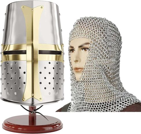 AnNafi® Medieval Crusader Helmet Replica + Aluminium Chainmail Coif V-Neck+ Wooden Helmet Stand | Knight Crusades Costume Templar Reenactment Cosplay | Medieval Costumes Helm Armor SCA LARP Replica in Kuwait