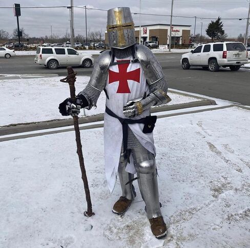 AnNafi® Medieval Crusader Helmet Replica + Aluminium Chainmail Coif V-Neck+ Wooden Helmet Stand | Knight Crusades Costume Templar Reenactment Cosplay | Medieval Costumes Helm Armor SCA LARP Replica in Kuwait