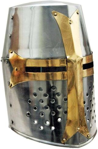 AnNafi® Medieval Crusader Helmet Replica + Aluminium Chainmail Coif V-Neck+ Wooden Helmet Stand | Knight Crusades Costume Templar Reenactment Cosplay | Medieval Costumes Helm Armor SCA LARP Replica in Kuwait