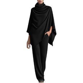 ملابس نسائية مكونة من قطعتين بياقة مدورة وشال باتوينغ وحياكة علوية كيب بونشو وسراويل واسعة الساق وثنية أنيقة in Kuwait