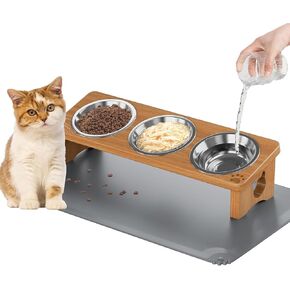 Elevated Cat Bowls with Silicone Mat, 15° Tilted Solid Wood Stand, Raised Stainless Steel Food & Water Dishes for Cats and Small Dogs, Anti-Vomiting Design(Grey) in Kuwait