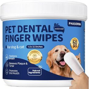 Dog Dental Care Wipes - Tooth Brushing kit, Teeth Cleaning Wipes for Dogs & Cats, Toothbrush Finger Dental Wipes Gum Care & Remove Stain - 60 Count in Kuwait