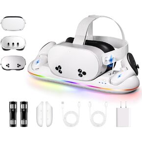 Charging Dock for Meta Quest 3/3S- Fast Charging Station Compatible with Oculus Quest 2/3/3S-VR Charging Accessories with RGB Light- Magnetic Charging Stand for Controller- 2 Rechargeable Batteries in Saudi Arabia