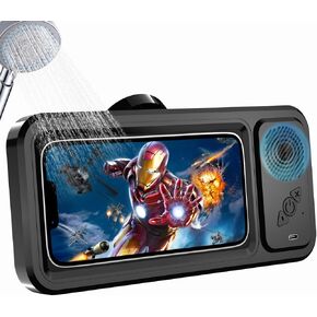 Shower Phone Holder with Wireless Bluetooth Speaker, Waterproof 480 Rotation Viewable Shower Phone Stand Case Mount Speakers for Bathroom Wall Mirro for 4"- 6.8" Cell Phones(Black) in Kuwait