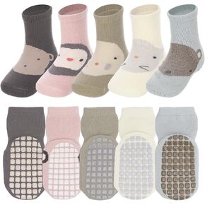 5 Pairs Baby Non Slip Socks with Grips Cotton Crew Baby Sock Toddler Grip Socks for Kids Boys Girls 12-36 Months in Kuwait