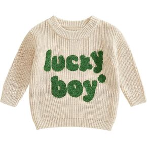 Toddler Baby Boy St Patricks Day Clothes Lucky Boy Embroidery Sweater Warm Crewneck Long Sleeve Knit Pullover Tops in Kuwait