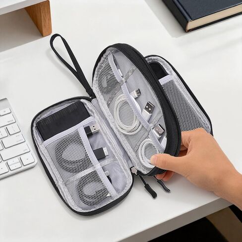 Double Layer Electronic Cable Organizer, Portable Waterproof Travel Storage Bag for Accessories, Cords, Chargers, Phones, Earphones - Black in Saudi Arabia