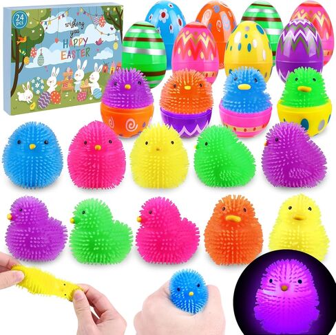 JOICEE 24 Pack Easter Eggs Filled LED Chick Duck Puffer Balls,Light Up Glowing Stress Relief Fidget Squeeze Sensory Soft Ball for Kids Easter Basket Stuffers Easter Eggs Hunt Gifts Party Favors in Saudi Arabia