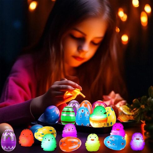 JOICEE 24 Pack Easter Eggs Filled LED Chick Duck Puffer Balls,Light Up Glowing Stress Relief Fidget Squeeze Sensory Soft Ball for Kids Easter Basket Stuffers Easter Eggs Hunt Gifts Party Favors in Saudi Arabia
