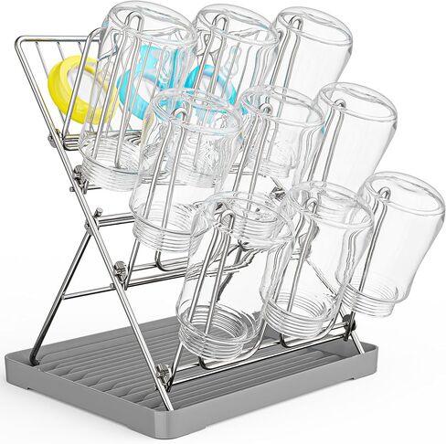 Vertical Baby Bottle Drying Rack, 9 Hooks Vertical Rack Dryer with Drainage Tray for Water Bottles, Drinking Glasses, Mugs, Cups, Foldable, Stainless Steel in Saudi Arabia