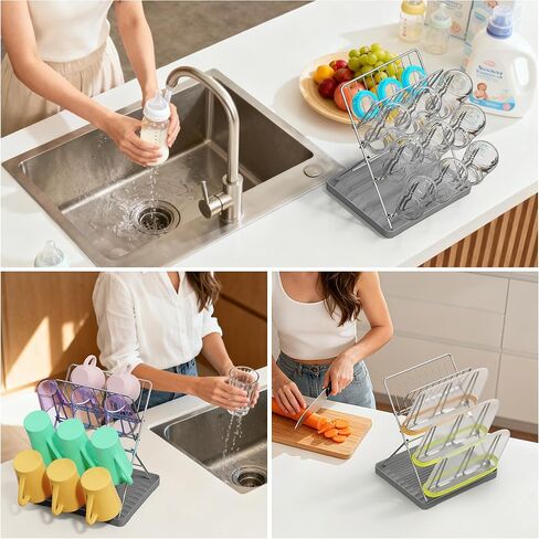 Vertical Baby Bottle Drying Rack, 9 Hooks Vertical Rack Dryer with Drainage Tray for Water Bottles, Drinking Glasses, Mugs, Cups, Foldable, Stainless Steel in Saudi Arabia