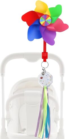 Rotating Pinwheel Stroller Identifier, Stroller Identifier Sign Flag, Stroller Finder Hanger with Rainbow Pinwheel and Ribbon, Quick Search Your Stroller in Theme Park Airport Mall (Colorful) in Saudi Arabia