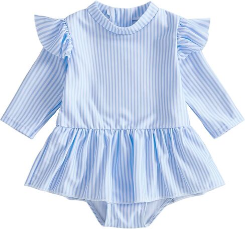 Toddler Baby Girls Striped Ruffle Long Sleeve One Piece Rash Guard Swimsuit Zipper Bathing Suit Swimwear in Saudi Arabia