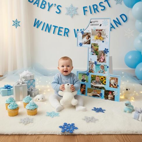My First Year Photo Frame Board Winter Onederland 1st Birthday Decor Snowflake Picture Frame 12 Monthly Photo Display DIY One Year Newborn Keepsake Gifts Snowflake Nursery Birthday Decor in Saudi Arabia