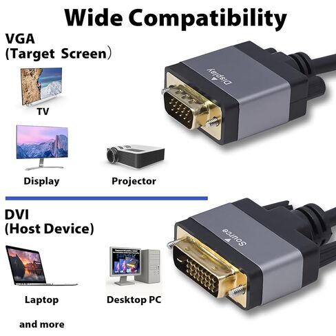 DVI to VGA Cable 6ft, Male to Male DVI-D to VGA Adapter Cord with Secure Latch, Gold-Plated Connectors – Plug and Play Adapter Cable for Monitor, Projector, Desktop, Laptop, 1080P 60Hz in Saudi Arabia