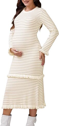 Women's Maternity Sweater Dress Stripped Ruffle Winter Warm Stretchy Knit Long Sleeve Maxi Dresses in Saudi Arabia
