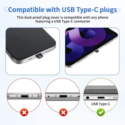 10 مجموعات من غطاء قابس USB C للهاتف الأسود، قابس غبار USB C مع فرشاة تنظيف حبل التبويب، غطاء منفذ شحن الهاتف USB-C لجميع أجهزة منافذ النوع C in Kuwait