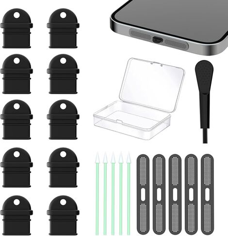 غطاء قابس غبار USB C، قابس منفذ شحن من النوع C، لهاتف iPhone 16,15، Galaxy S24–S8، Kindle، Pixel، Steam Deck، أجهزة iPad ونوع C - غطاء شاحن، واقي منفذ USB، مع فرشاة سوداء (10 عبوات) in Kuwait