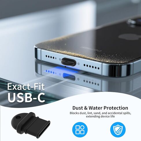 غطاء قابس غبار USB C، قابس منفذ شحن من النوع C، لهاتف iPhone 16,15، Galaxy S24–S8، Kindle، Pixel، Steam Deck، أجهزة iPad ونوع C - غطاء شاحن، واقي منفذ USB، مع فرشاة سوداء (10 عبوات) in Kuwait