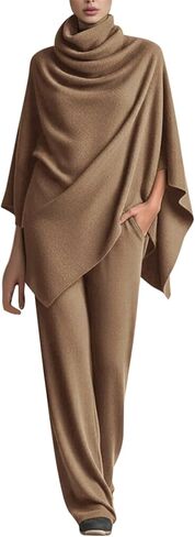 Women's 2 Piece Outfits Turtleneck Shawl Batwing Knitting Tops Cape Poncho Top and Wide Leg Pants Elegant Drape in Saudi Arabia