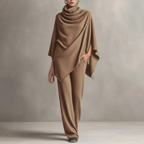 Women's 2 Piece Outfits Turtleneck Shawl Batwing Knitting Tops Cape Poncho Top and Wide Leg Pants Elegant Drape in Saudi Arabia