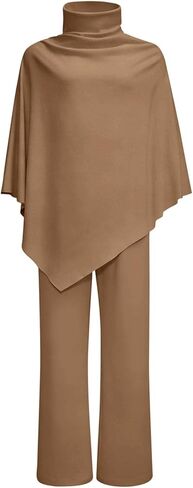 Women's 2 Piece Outfits Turtleneck Shawl Batwing Knitting Tops Cape Poncho Top and Wide Leg Pants Elegant Drape in Saudi Arabia
