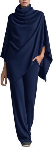 Women's 2 Piece Outfits Turtleneck Shawl Batwing Knitting Tops Cape Poncho Top and Wide Leg Pants Elegant Drape in Saudi Arabia